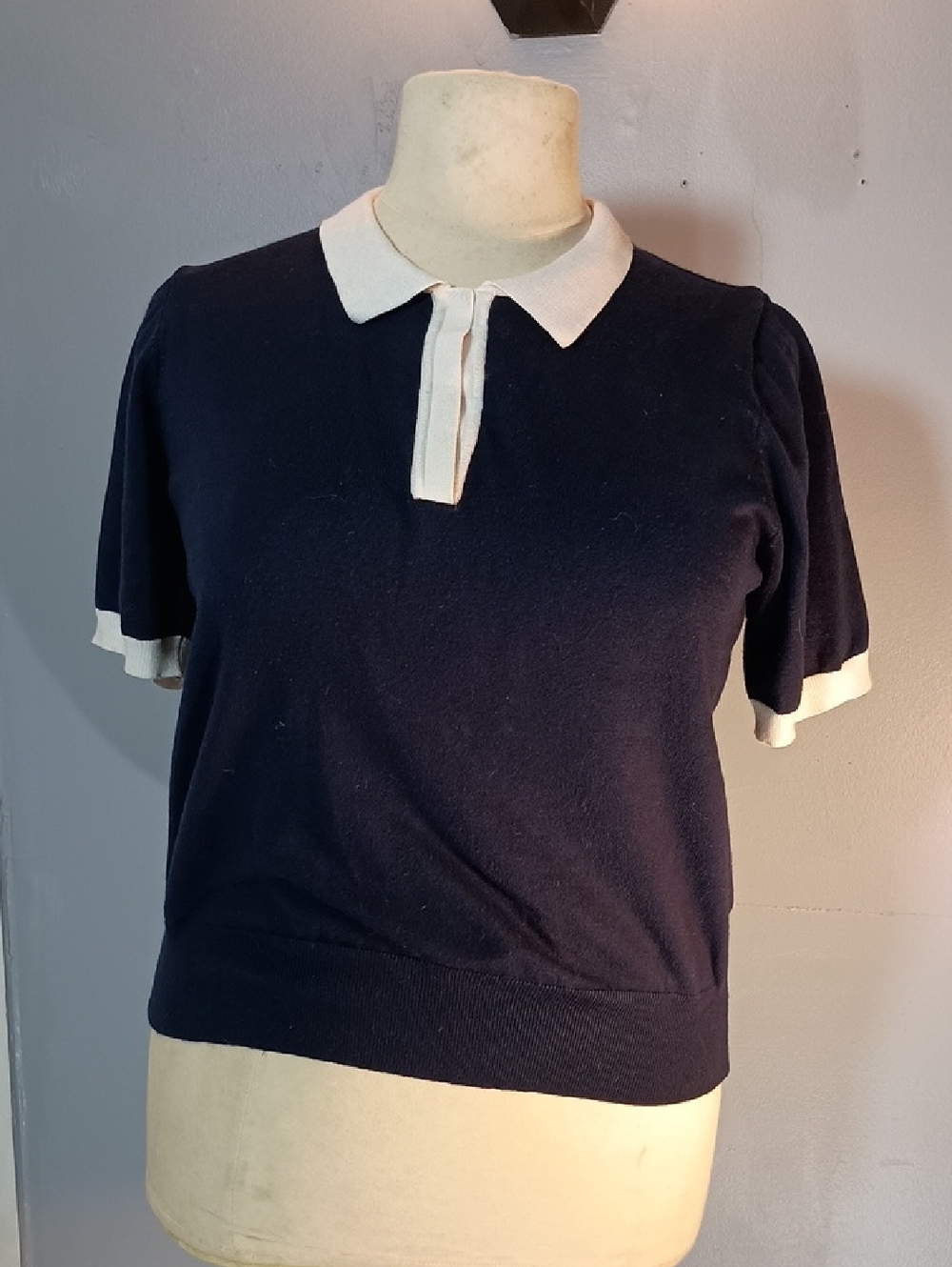 Navy Short Sleeve Polo Sweater with Cream Trim